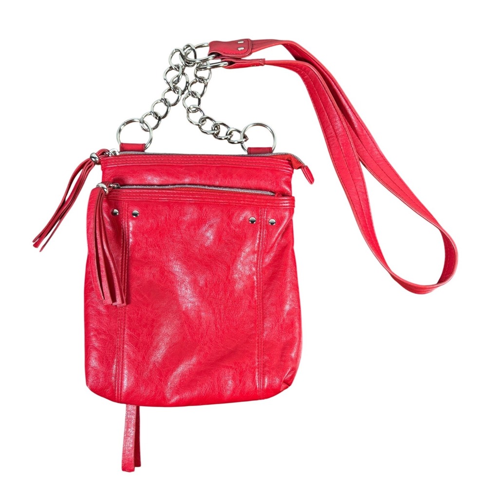 Red Faux Leather Crossbody Bag Silver Chain Tassel Detail Boho Chic Edgy Moto